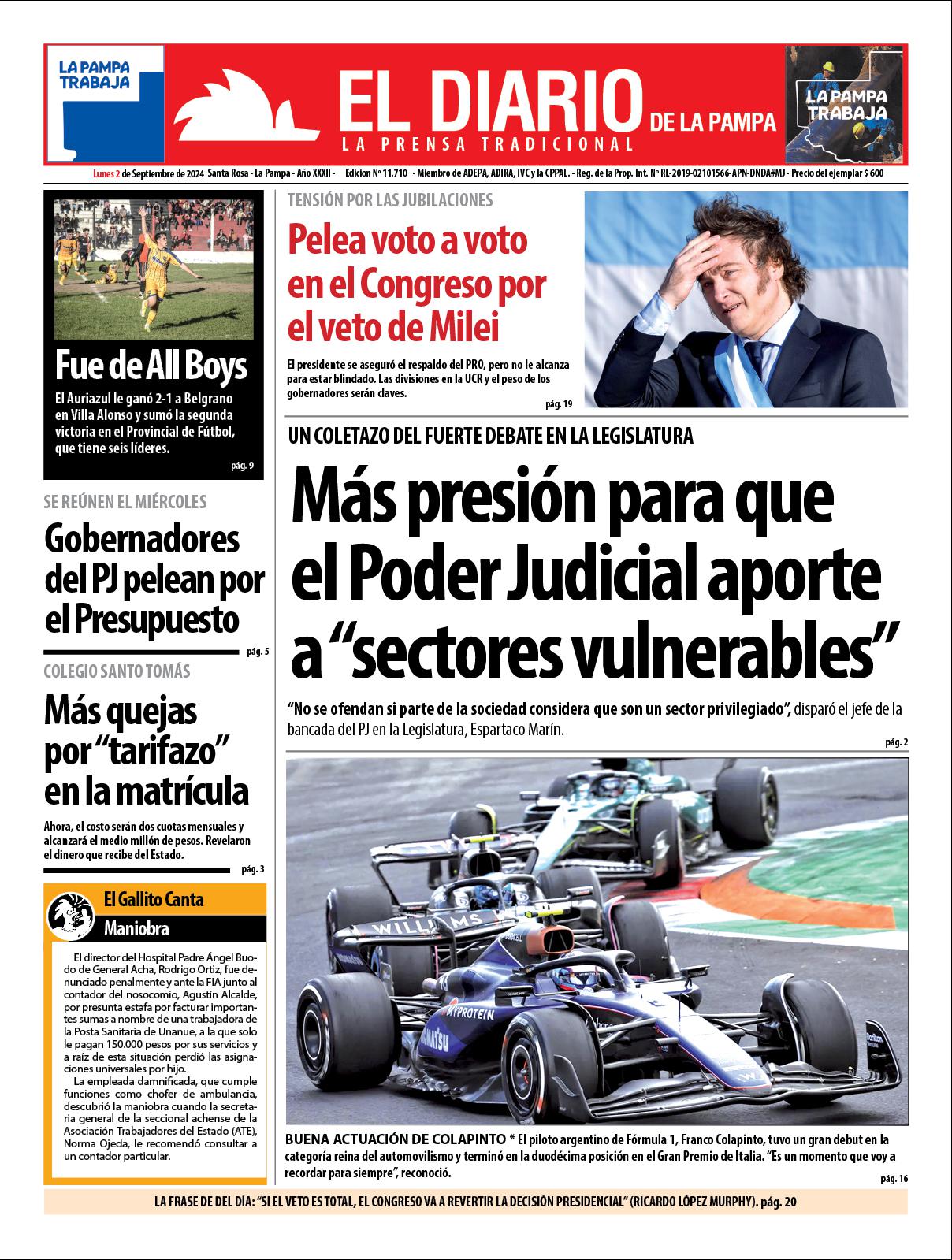 Tapa de El Diario en papel  lunes 02 de septiembre de 2024